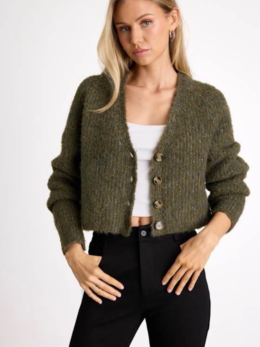 Lulu's Olive Green Cropped Button-Front Sweater